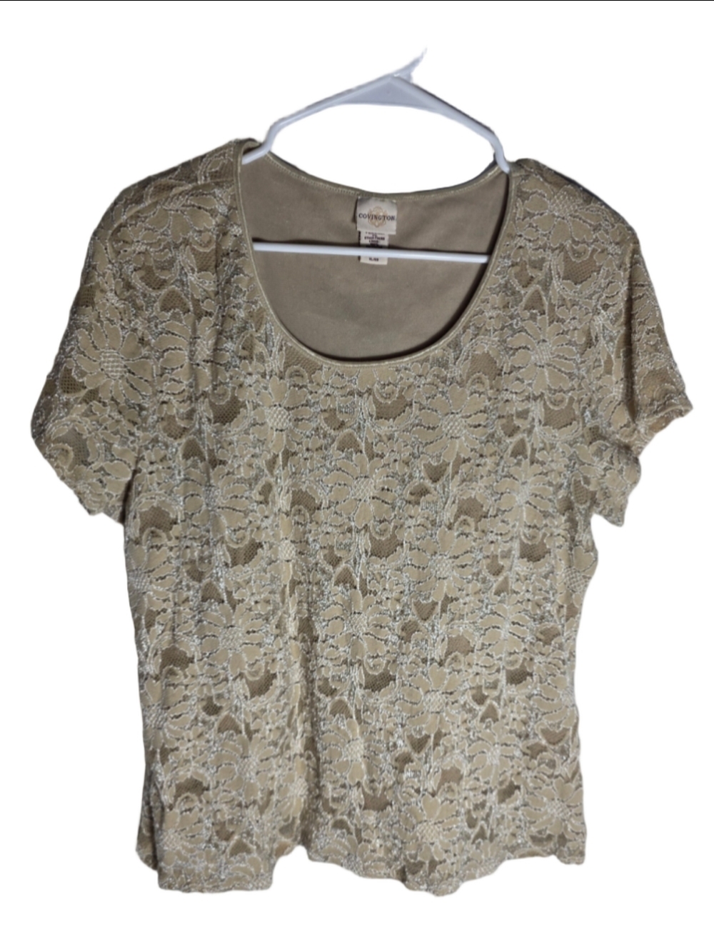 Women's Covington Lace Blouse XL Beige Silver Short Sleeve Top fancy chic gala
